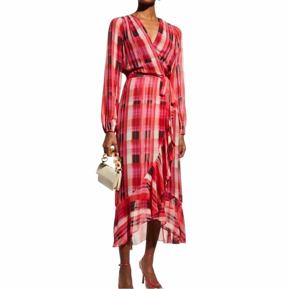 NEW MILLY Halley Prep Plaid Belted Ruffled Midi Dress